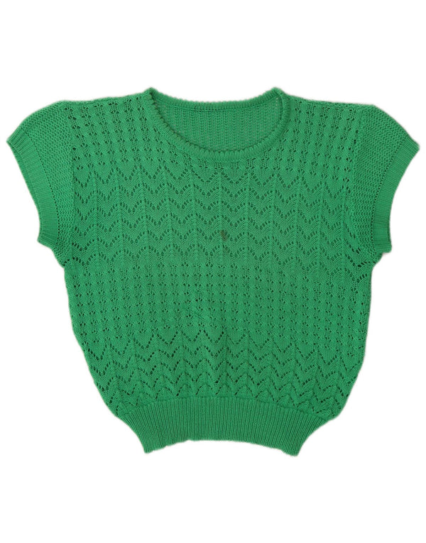 Vintage Womens Crop See Through Boat Neck Jumper Sweater UK 14 Medium Green