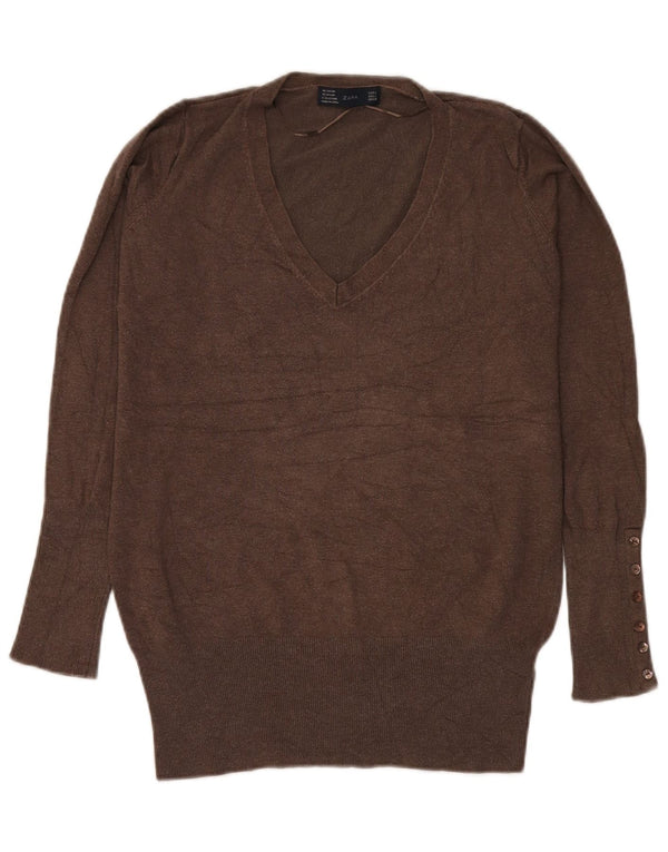 Zara Womens V-Neck Jumper Sweater UK 14 Large Brown Rayon