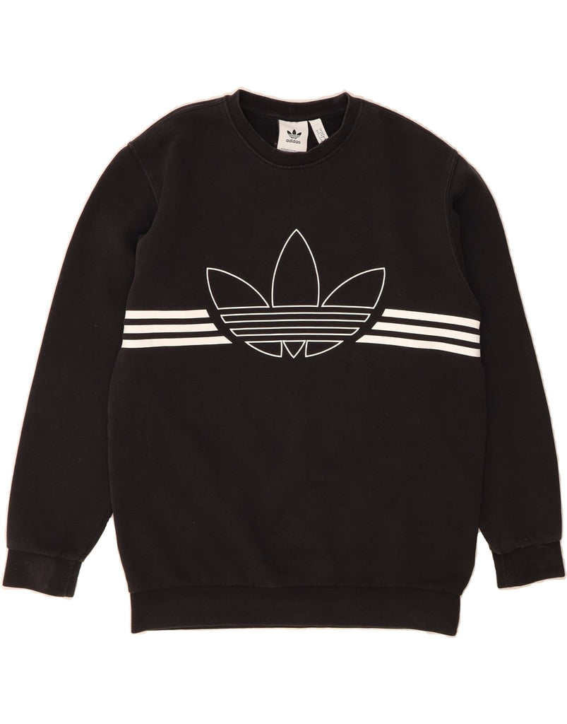 ADIDAS Mens Graphic Sweatshirt Jumper Medium Black Striped Cotton Vintage Adidas and Second-Hand Adidas from Messina Hembry 