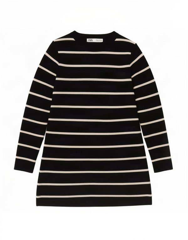 Zara Womens Long Sleeve Tunic Dress UK 8 Small Black Striped