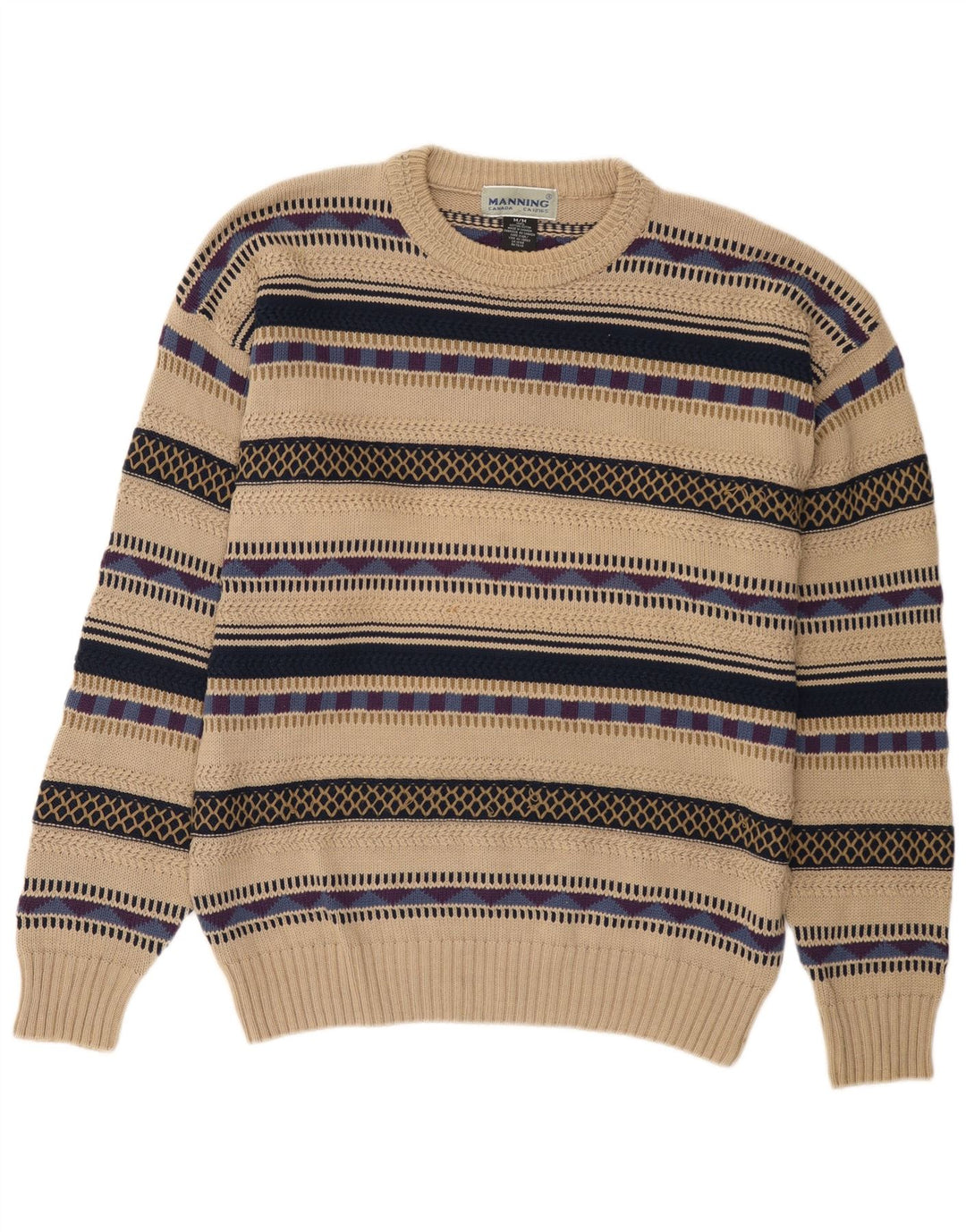 Canada Mens Crew Neck Jumper Sweater Medium Beige Striped Cotton