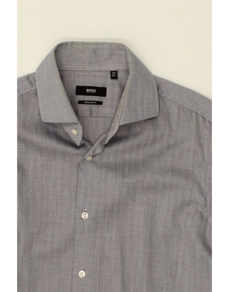 HUGO BOSS Mens Regular Fit Shirt Size 15 1/2 Medium Grey Herringbone | Vintage Hugo Boss | Thrift | Second-Hand Hugo Boss | Used Clothing | Messina Hembry 