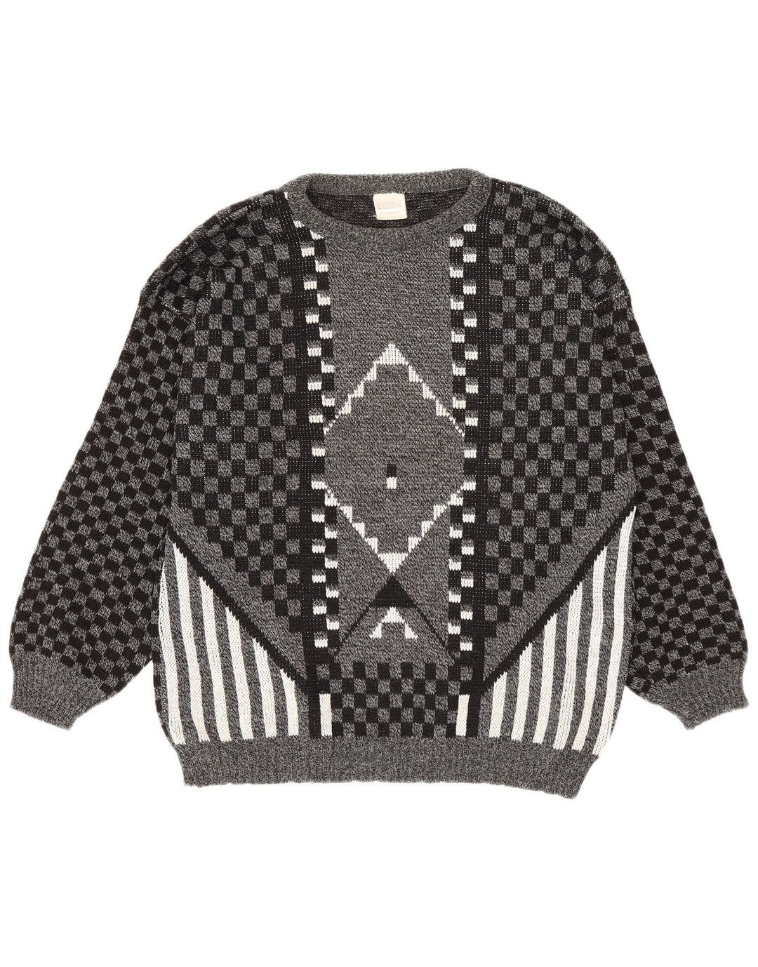 Vintage Mens V-Neck Jumper Sweater Large Grey Geometric Acrylic