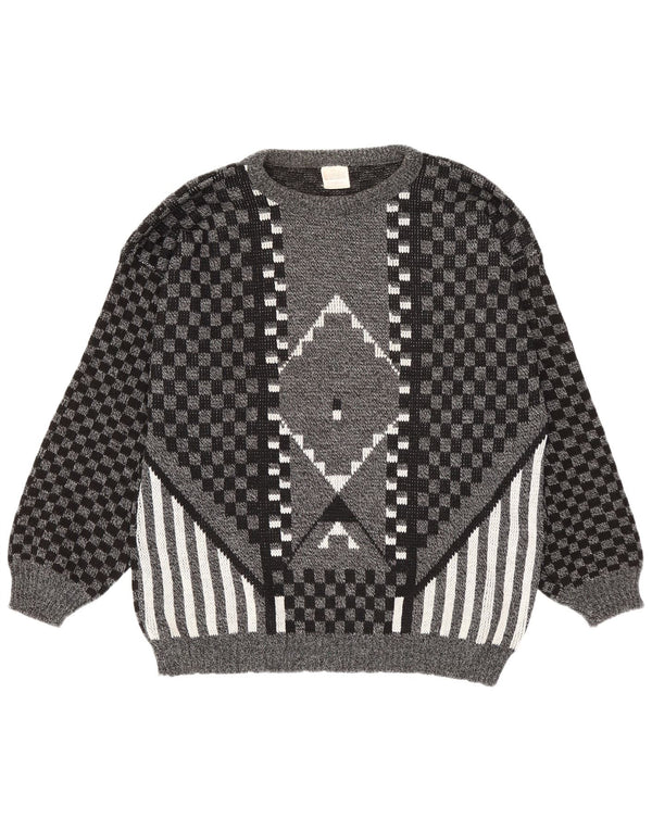 Vintage Mens V-Neck Jumper Sweater Large Grey Geometric Acrylic