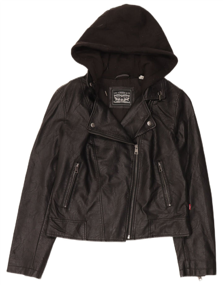 Levi's Womens Hooded Faux Leather Biker Jacket UK 12 Medium Black