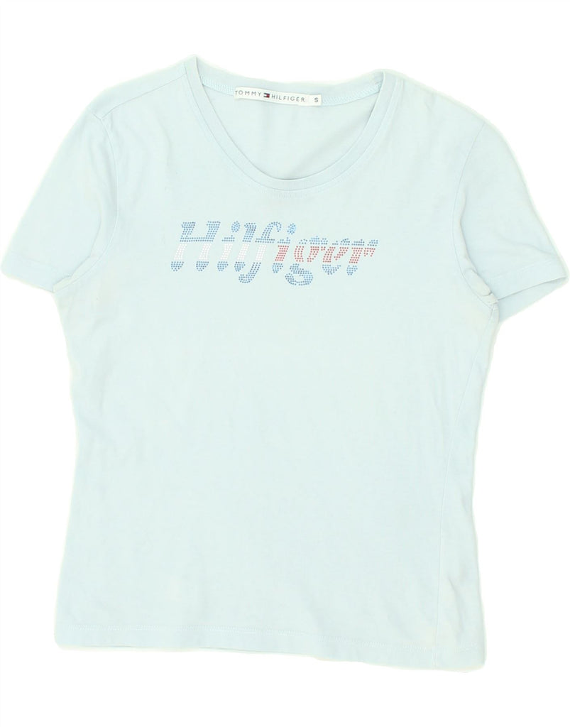 TOMMY HILFIGER Womens Graphic T-Shirt Top UK 8 Small Blue Cotton Vintage Tommy Hilfiger and Second-Hand Tommy Hilfiger from Messina Hembry 