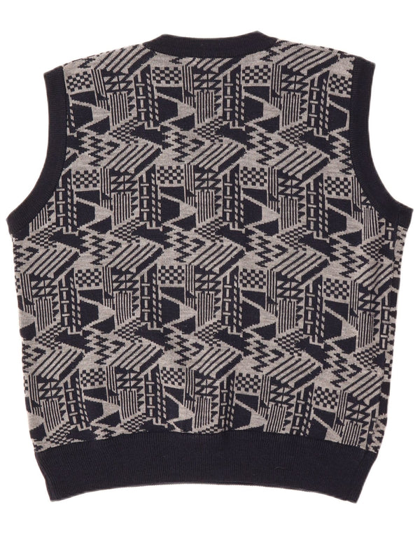 VINTAGE Mens Vest Tank Top Large Navy Blue Geometric