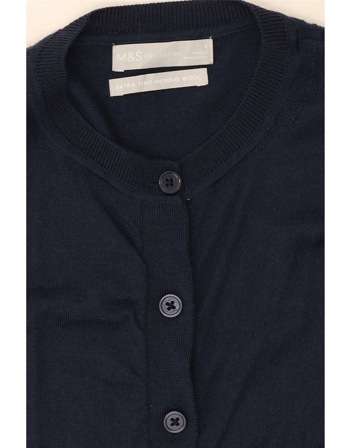Marks & Spencer Womens Cardigan Sweater UK 8 Small Navy Blue Merino Wool
