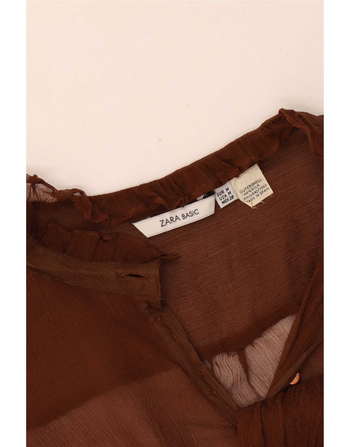 Zara Womens Long Sleeve See Through Top UK 14 Medium Brown Silk