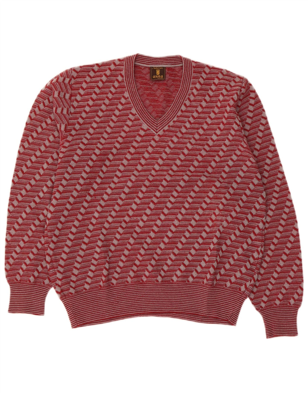 Vintage Womens V-Neck Jumper Sweater UK 8 Small Red Geometric