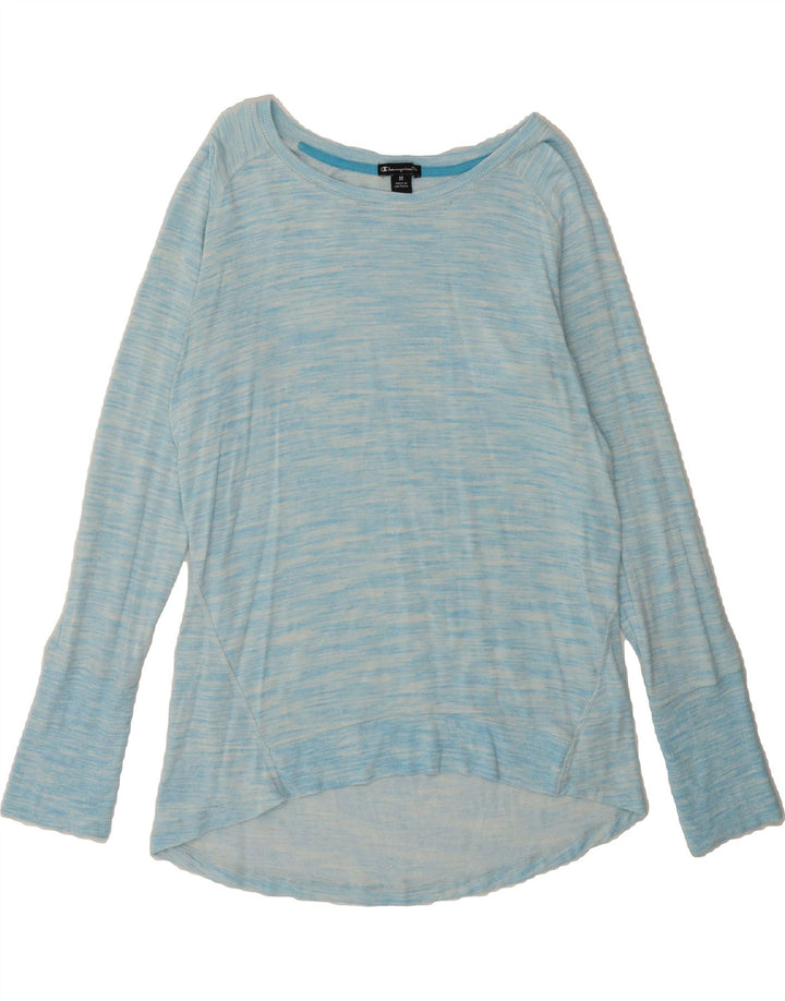 CHAMPION Womens Graphic Top Long Sleeve UK 14 Medium Blue Flecked Rayon Vintage Champion and Second-Hand Champion from Messina Hembry 