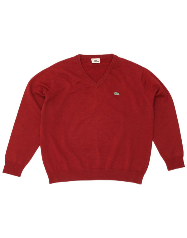 Lacoste Mens V-Neck Jumper Sweater Size 4 Large Red Wool