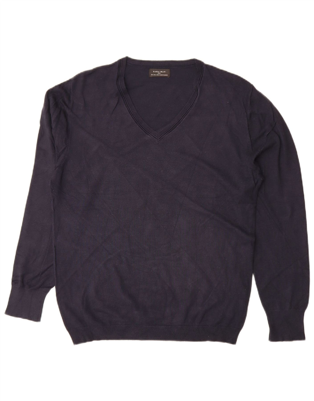 Zara Mens V-Neck Jumper Sweater Large Navy Blue Viscose