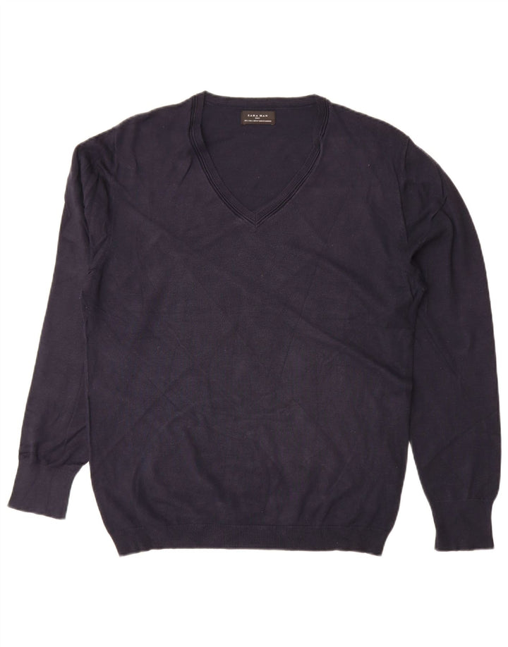 Zara Mens V-Neck Jumper Sweater Large Navy Blue Viscose
