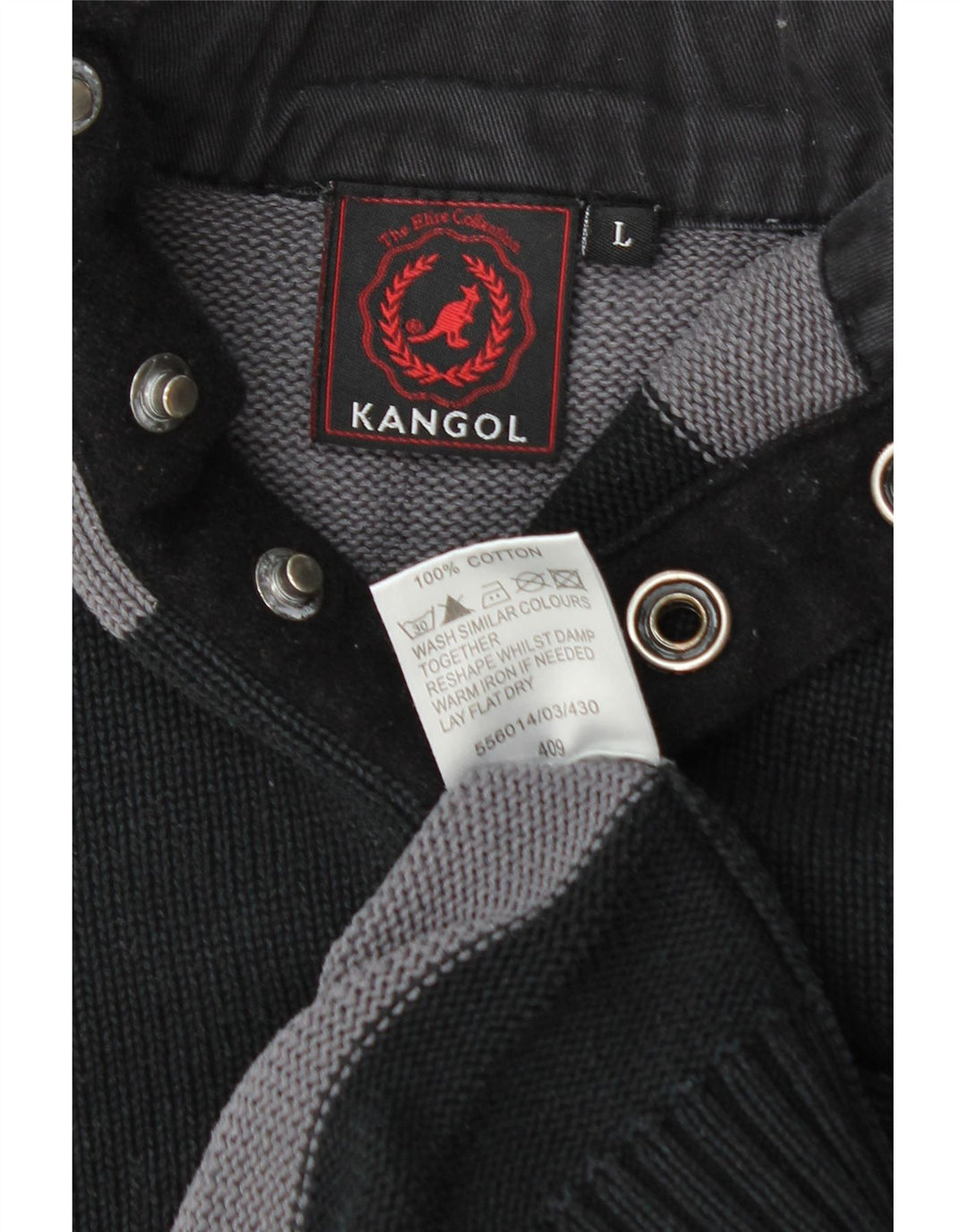 KANGOL Mens Button Neck Jumper Sweater Large Black Striped Cotton Vintage Kangol and Second-Hand Kangol from Messina Hembry 