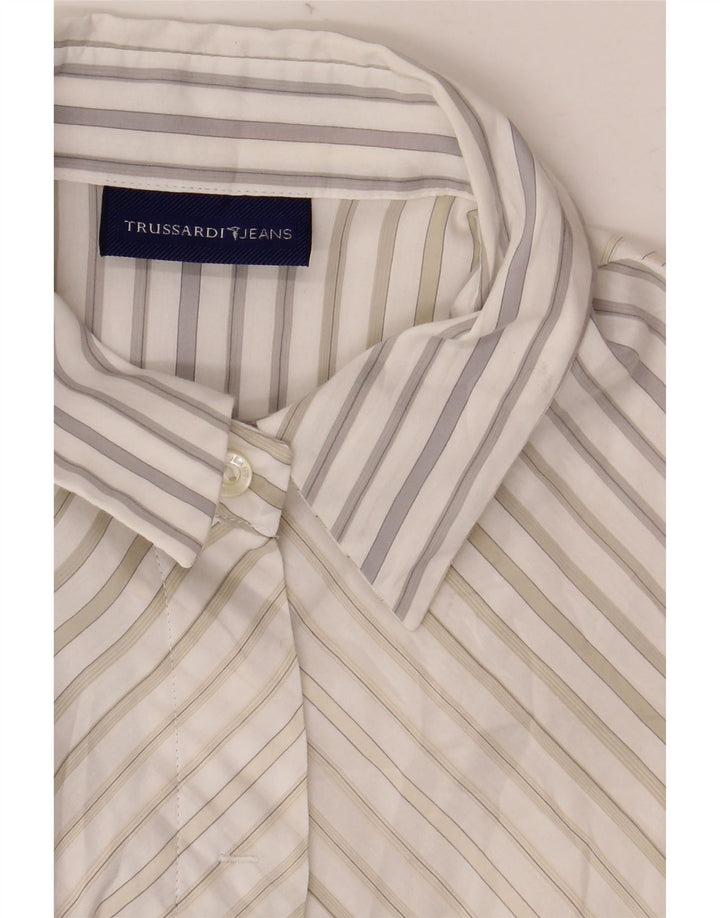 TRUSSARDI JEANS Womens Short Sleeve Shirt Blouse UK 22 3XL White Pinstripe