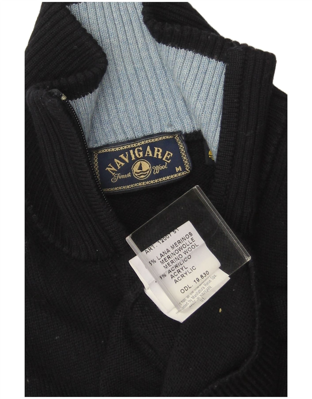 NAVIGARE Mens Zip Neck Jumper Sweater Medium Navy Blue Merino Wool