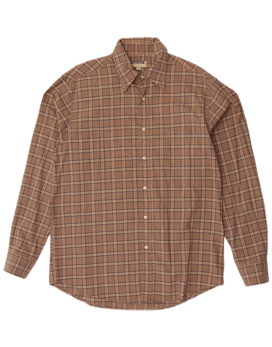 Green Leaves Mens Shirt Large Brown Check Cotton