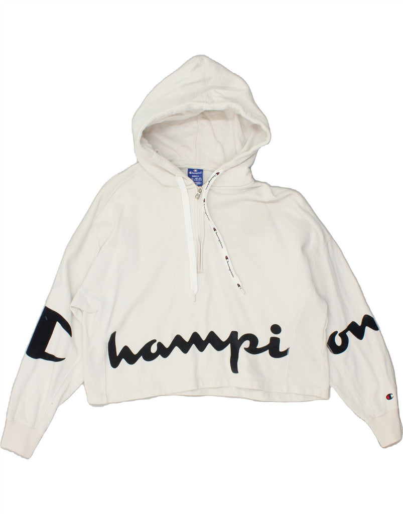 CHAMPION Womens Oversized Crop Graphic Hoodie Jumper UK 10 Small White Vintage Champion and Second-Hand Champion from Messina Hembry 