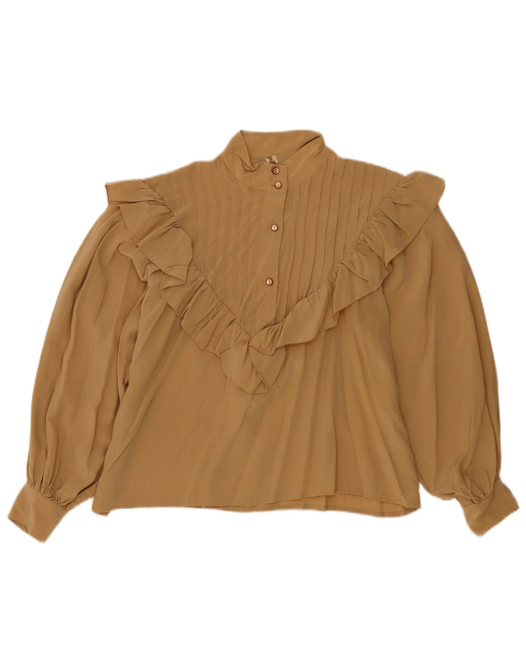 Vintage Womens Long Sleeve Ruffle Front Blouse Top IT 46 Large Beige Silk