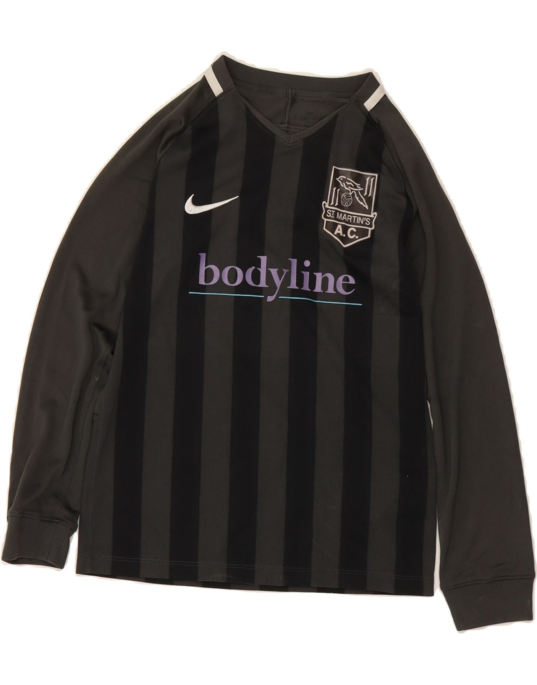 NIKE Boys Dri Fit Graphic Top Long Sleeve 10-11 Years Medium Grey Striped Vintage Nike and Second-Hand Nike from Messina Hembry 