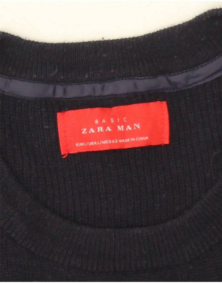 Zara Mens Crew Neck Jumper Sweater Large Navy Blue Cotton