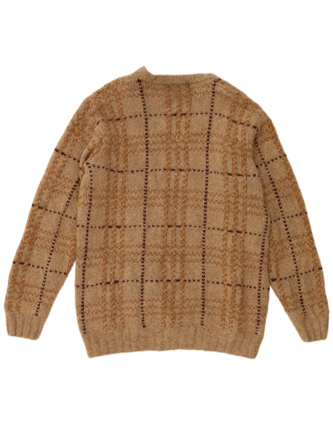 Eddie Bauer Mens Crew Neck Jumper Sweater XL Brown Check Lambswool