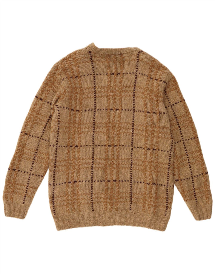 Eddie Bauer Mens Crew Neck Jumper Sweater XL Brown Check Lambswool