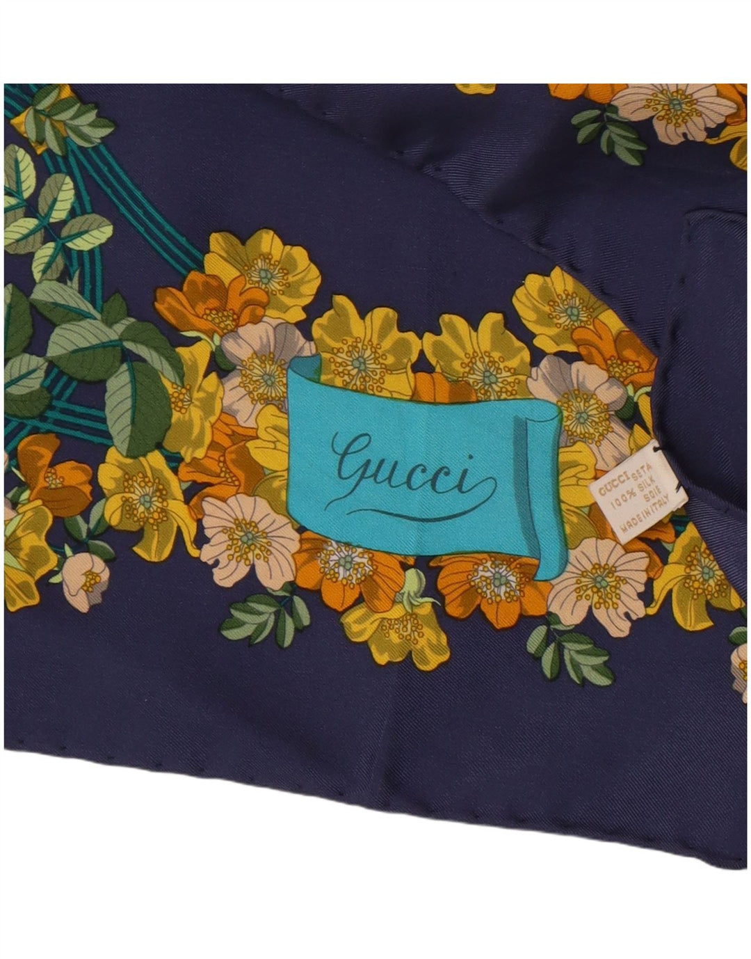Gucci Womens Graphic Square Scarf One Size Navy Blue Floral Silk Classic