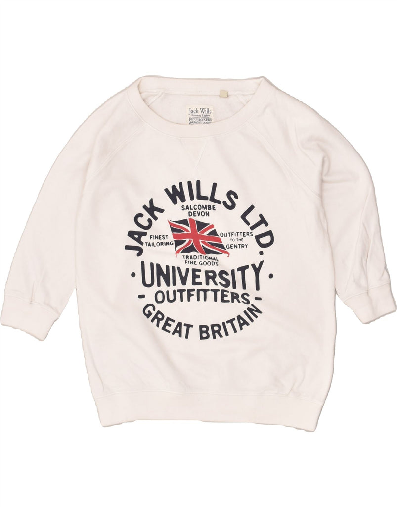 JACK WILLS Womens Graphic Sweatshirt Jumper UK 12 Medium Off White Cotton | Vintage Jack Wills | Thrift | Second-Hand Jack Wills | Used Clothing | Messina Hembry 