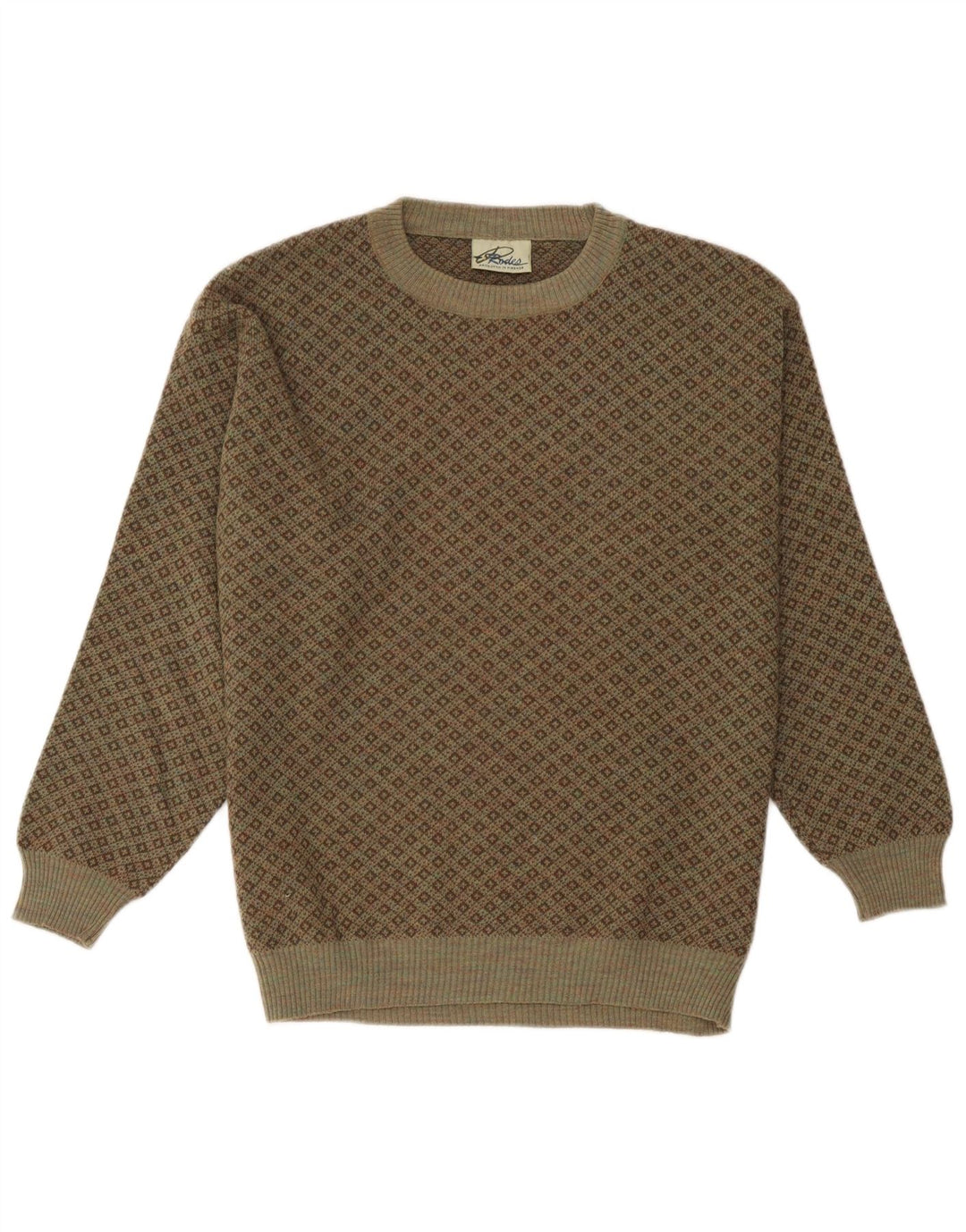 Rodes Mens Crew Neck Jumper Sweater XL Khaki Geometric Wool