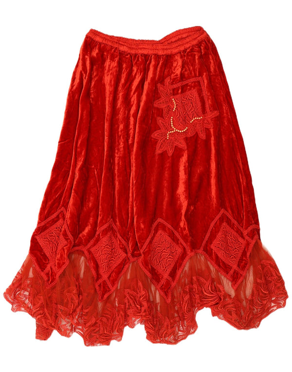 Vintage Womens Velvet Asymmetrical Skirt W30 Medium Red Floral Viscose