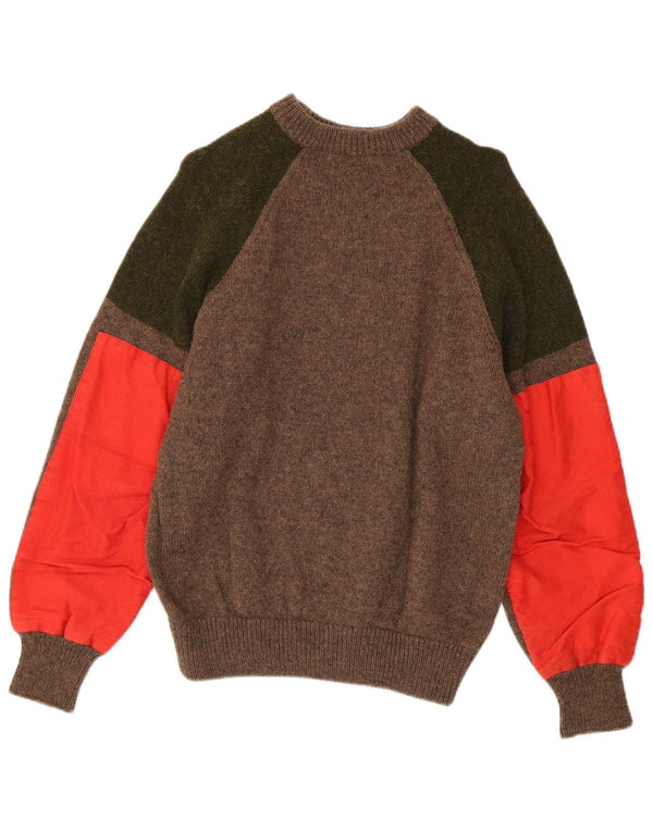 Vintage Mens Crew Neck Jumper Sweater Medium Brown Colourblock