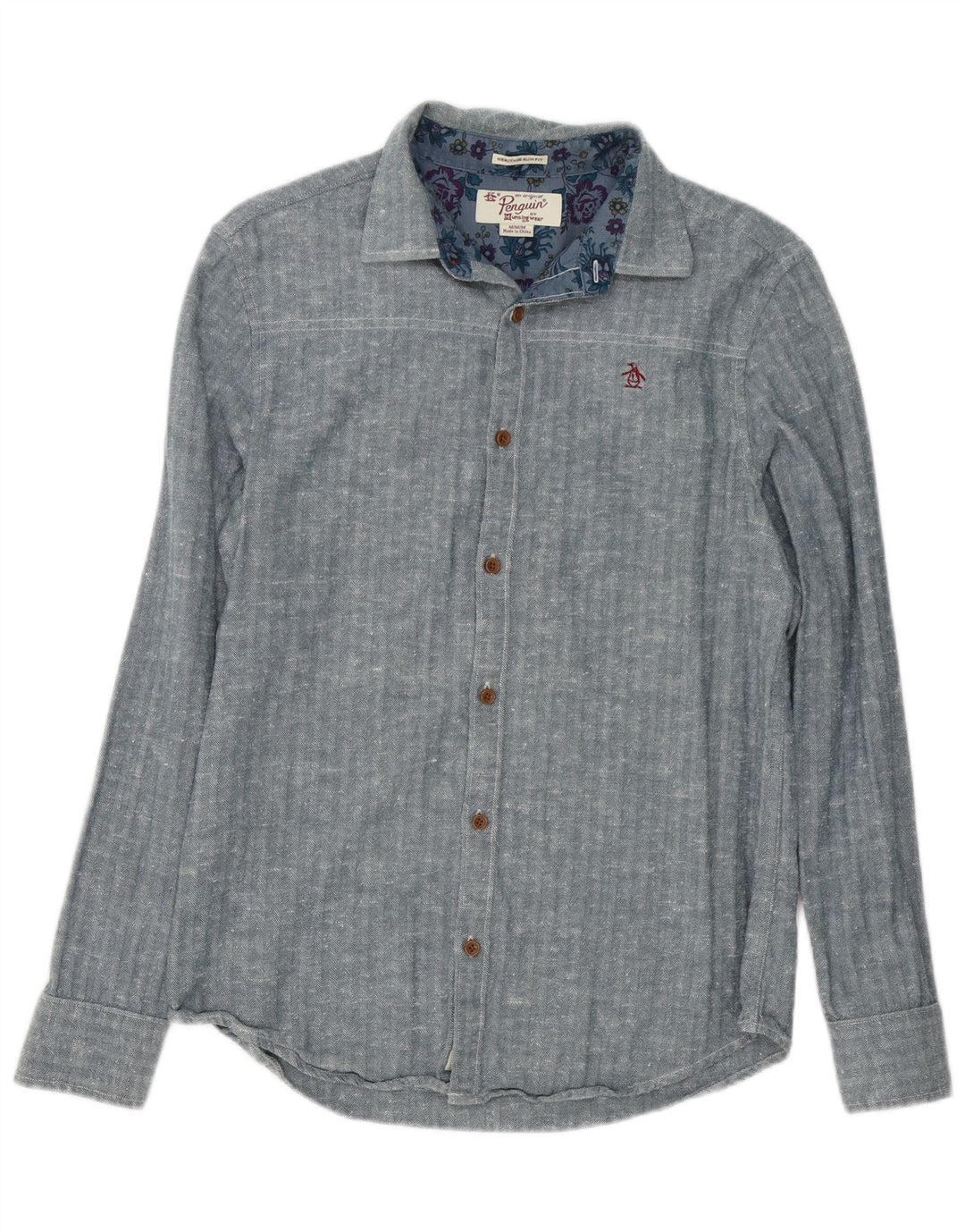 Penguin Mens Heritage Slim Fit Shirt Medium Blue Herringbone Cotton