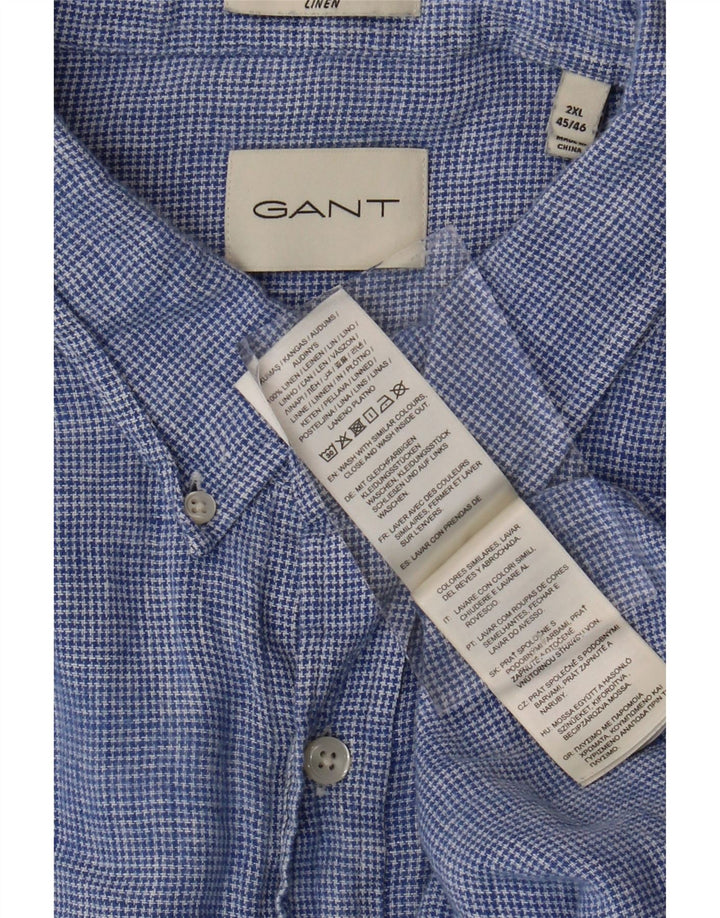 GANT Mens Short Sleeve Shirt Size 45/46 2XL Blue Houndstooth Linen