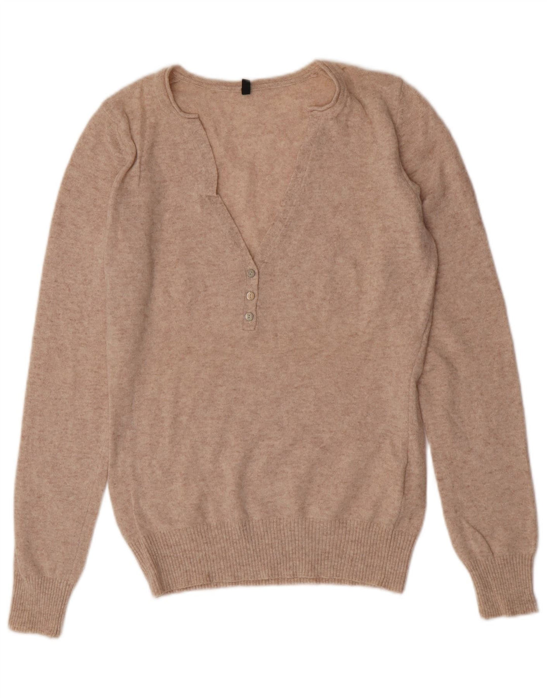 Benetton Womens V-Neck Jumper Sweater UK 14 Large Beige Wool