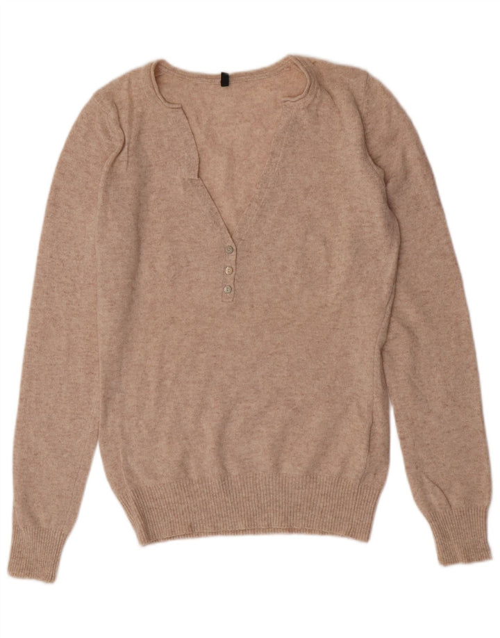 Benetton Womens V-Neck Jumper Sweater UK 14 Large Beige Wool