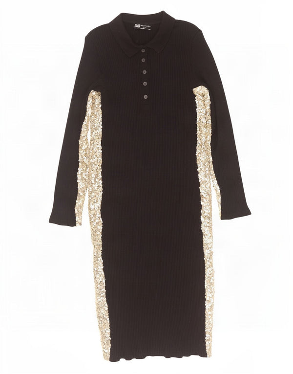 Zara Womens Long Sleeve Polo Dress UK 14 Large Black Colourblock