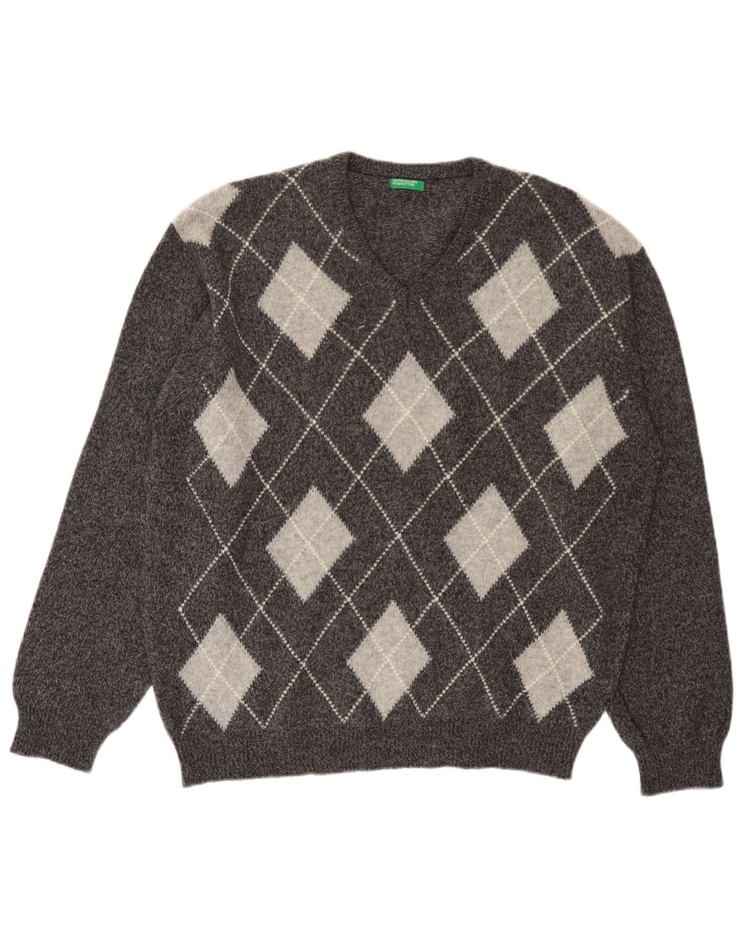 BENETTON Mens V-Neck Jumper Sweater Large Grey Argyle/Diamond Wool