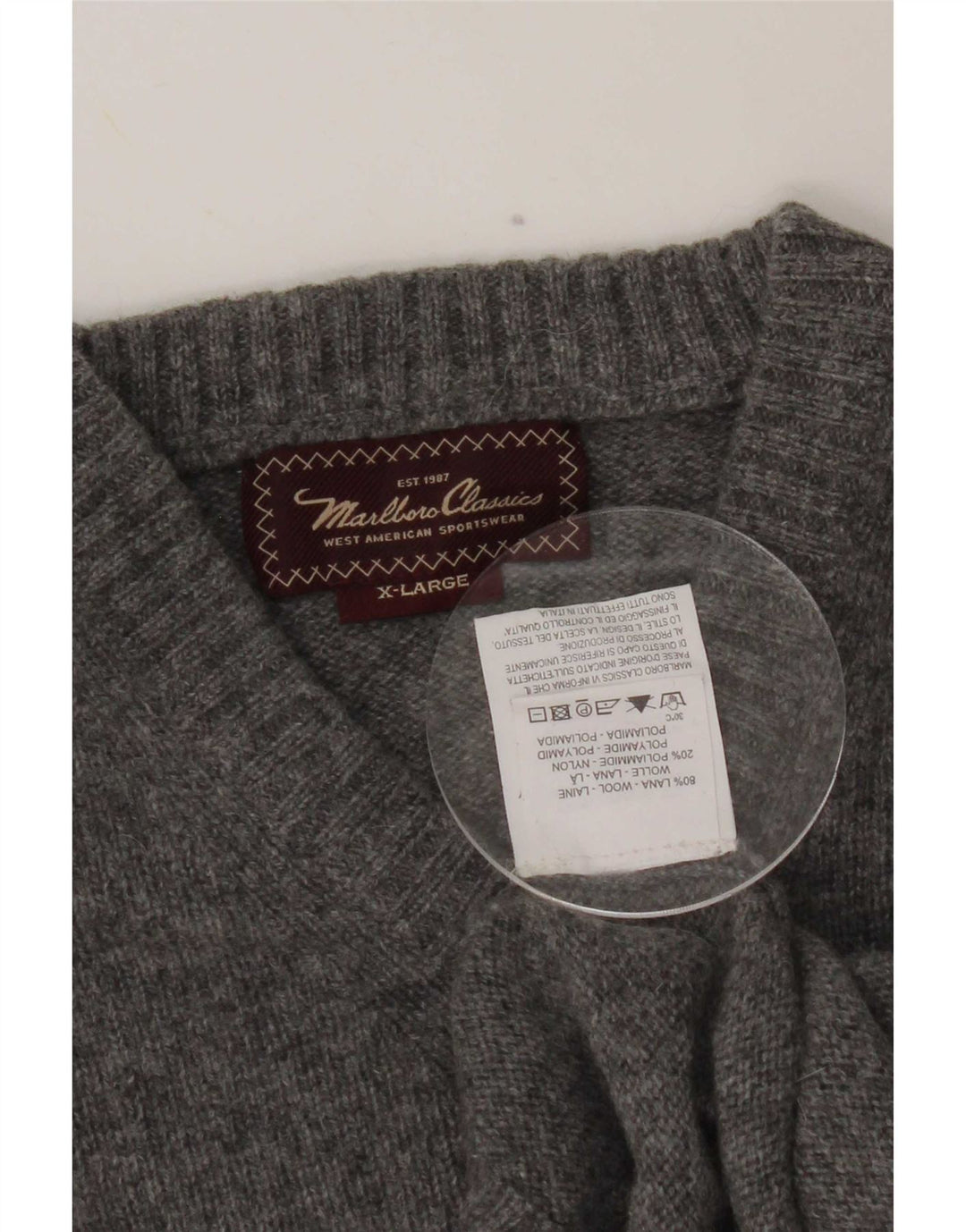 Marlboro Classics Womens V-Neck Jumper Sweater XL Grey Wool