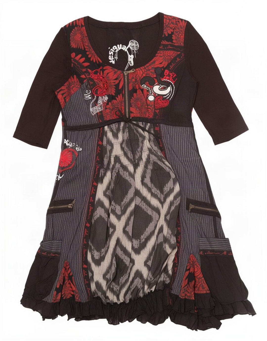 Desigual Womens Empire Dress EU 42 Large Black Patchwork Cotton