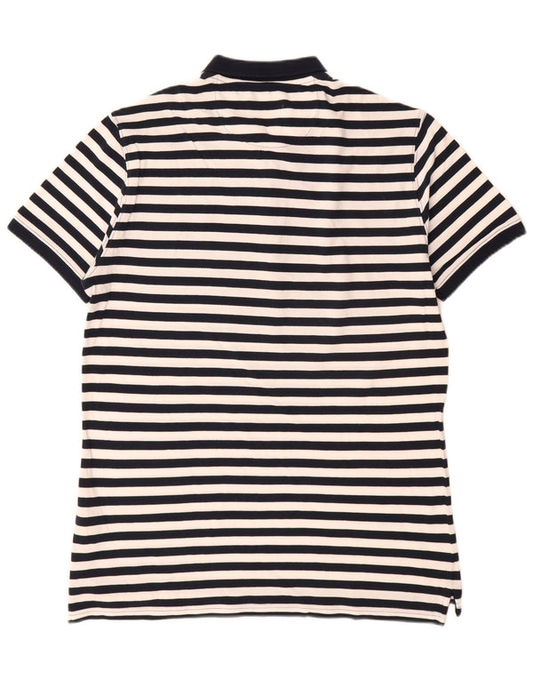 Massimo Dutti Mens Casual Fit Polo Shirt Large Navy Blue Striped Cotton