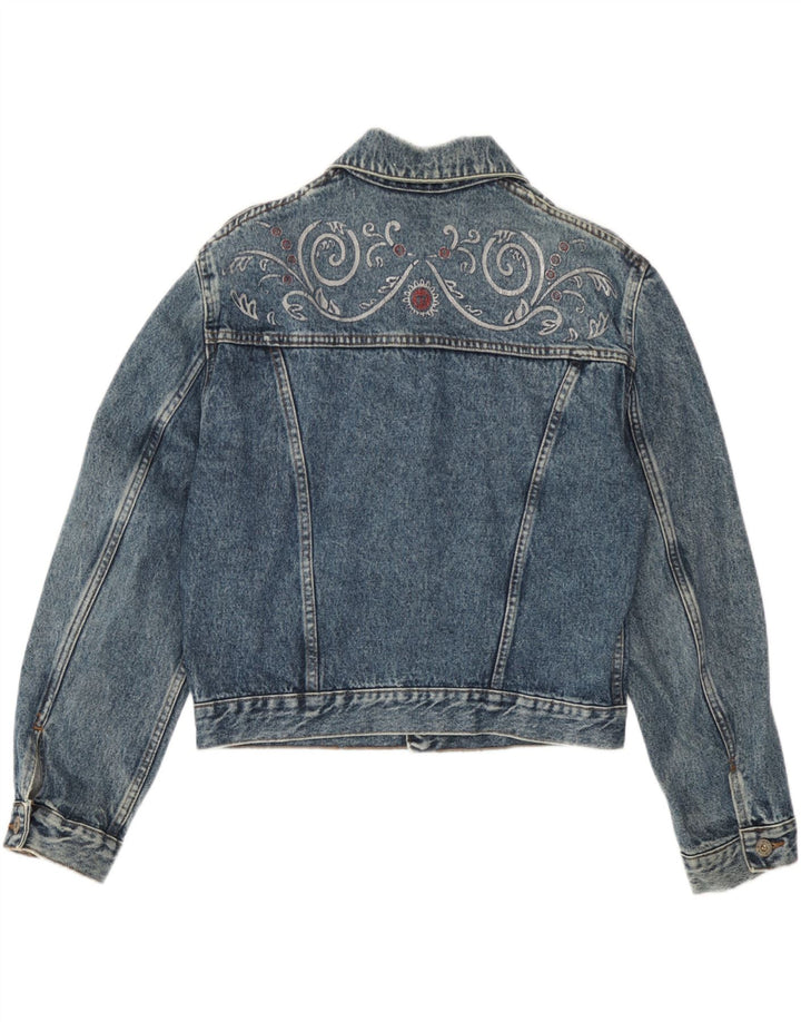 Vintage Womens Crop Denim Jacket UK 14 Large Blue Paisley