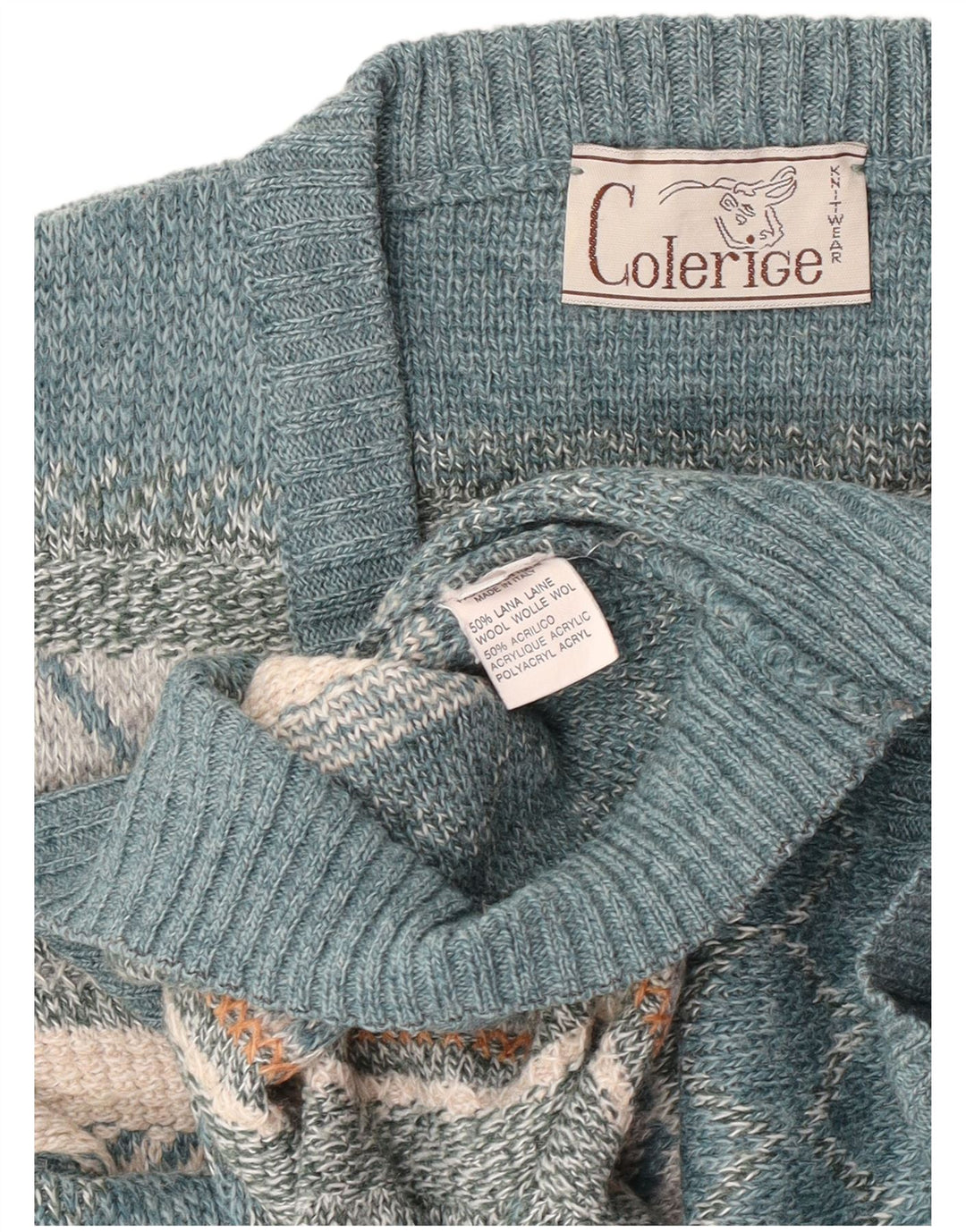 Vintage Mens V-Neck Jumper Sweater Large Blue Fair Isle Wool