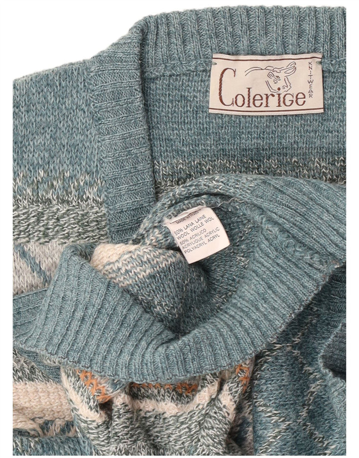 Vintage Mens V-Neck Jumper Sweater Large Blue Fair Isle Wool