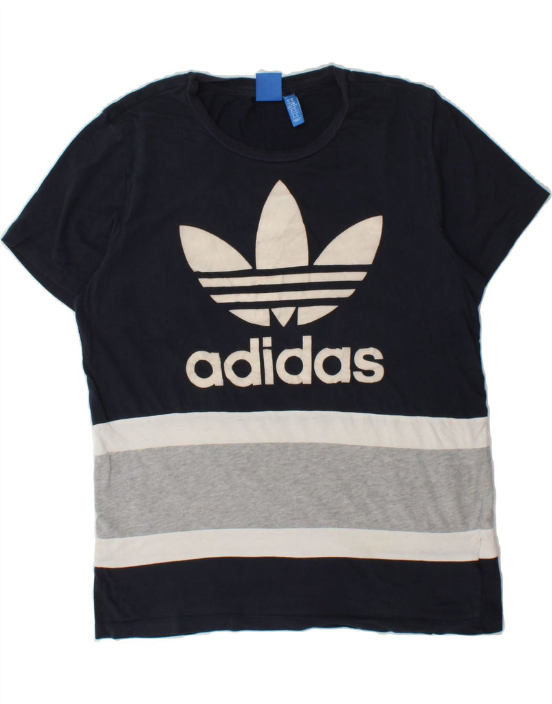ADIDAS Womens Graphic T-Shirt Top UK 14 Large Navy Blue Colourblock Cotton Vintage Adidas and Second-Hand Adidas from Messina Hembry 