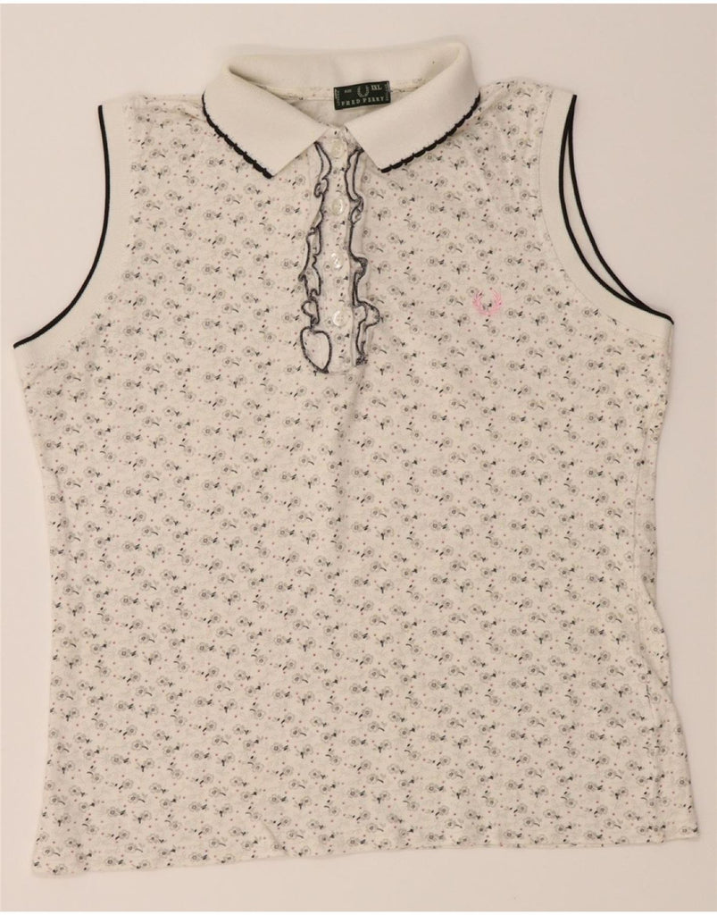 FRED PERRY Girls Sleeveless Polo Shirt 13-14 Years 2XL White Floral Cotton Vintage Fred Perry and Second-Hand Fred Perry from Messina Hembry 
