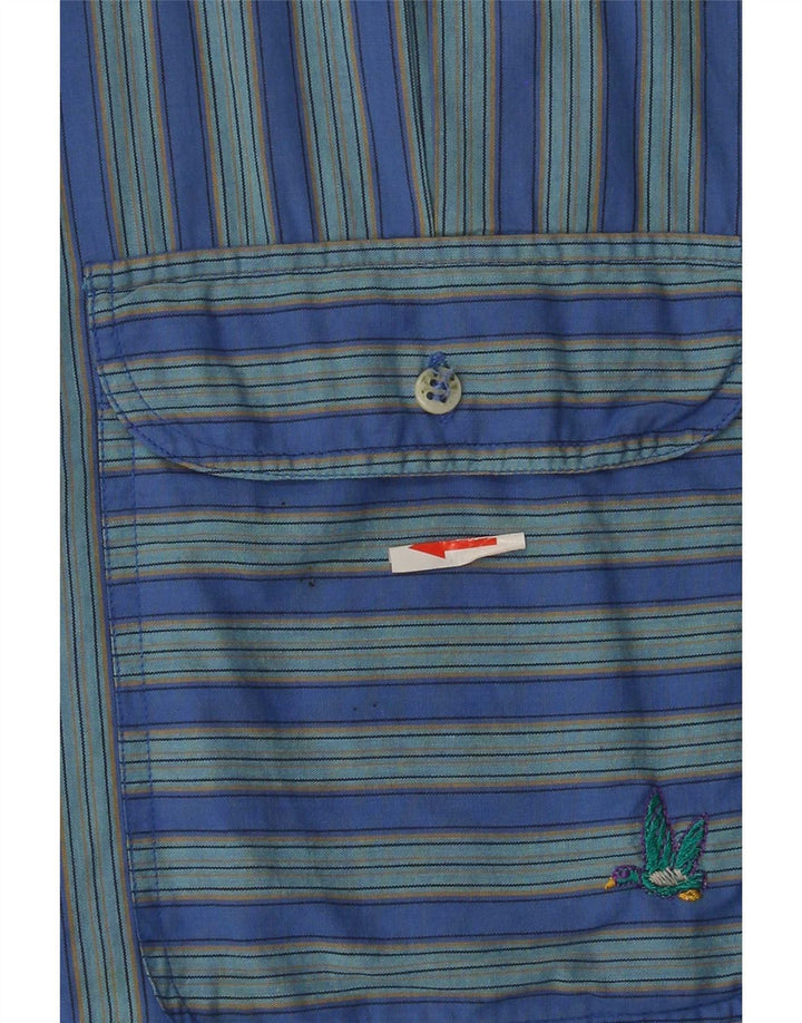 Vintage Mens Short Sleeve Shirt Large Blue Striped Cotton
