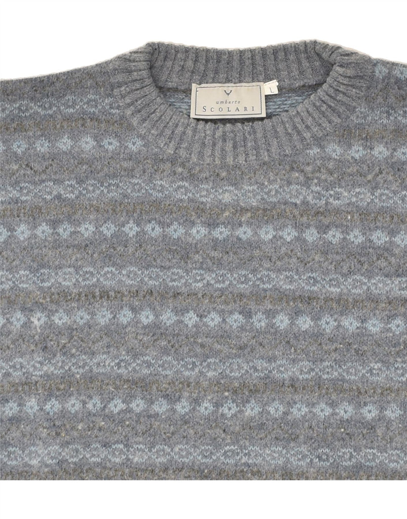 SCOLARI Mens Crew Neck Jumper Sweater Large Grey Fair Isle Wool | Vintage Scolari | Thrift | Second-Hand Scolari | Used Clothing | Messina Hembry 