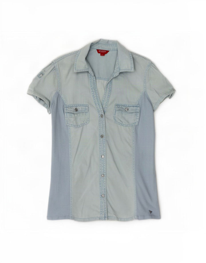 Guess Womens Short Sleeve Denim Shirt UK 12 Medium Blue Tencel